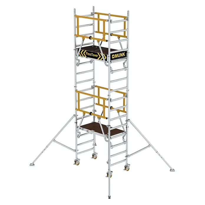 Munk Rollgerüst Flexxtower SG mit Sicherheitsgeländer 5,10m AH - Arbeitshöhe: 5.100 m - Mobiles Aluminium-Rollgerüst mit gelben Geländern, dunklen Plattformen, Auslegern und Rollen.