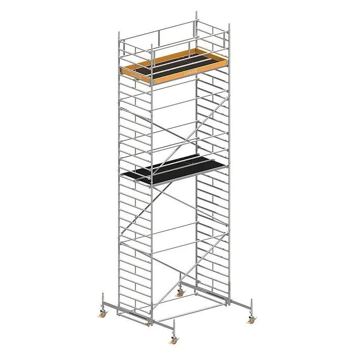 Layher Rollgerüst Rollgerüst Uni Breit 9,38m AH - Arbeitshöhe: 9.380 m - Mobiler Rollgerüstturm aus silbernem Aluminium mit schwarzen Arbeitsplattformen und orangefarbenen Akzenten, mit Rädern für leichte Bewegung.