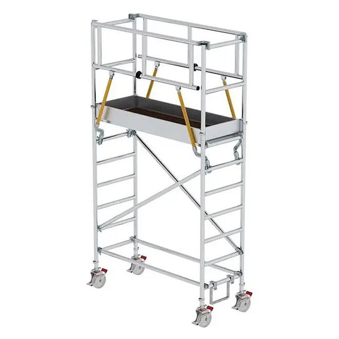 Munk Rollgerüst Rollgerüst SG 0,75x1,80m Plattform 4,51m AH - Arbeitshöhe: 4.510 m - Mobiles Gerüst aus silbernem Aluminium mit Geländern, Arbeitsplattform und feststellbaren Lenkrollen.