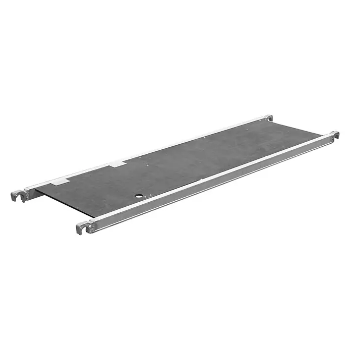 Iller Leiter Rollgerüst Professional Klappgerüst mit Ausbaueinheit 1,35x1,80 m | 3,50m AH - Arbeitshöhe: 3.500 m - Graue, rutschfeste Gerüstplattform mit Aluminiumrahmen und Befestigungshaken.