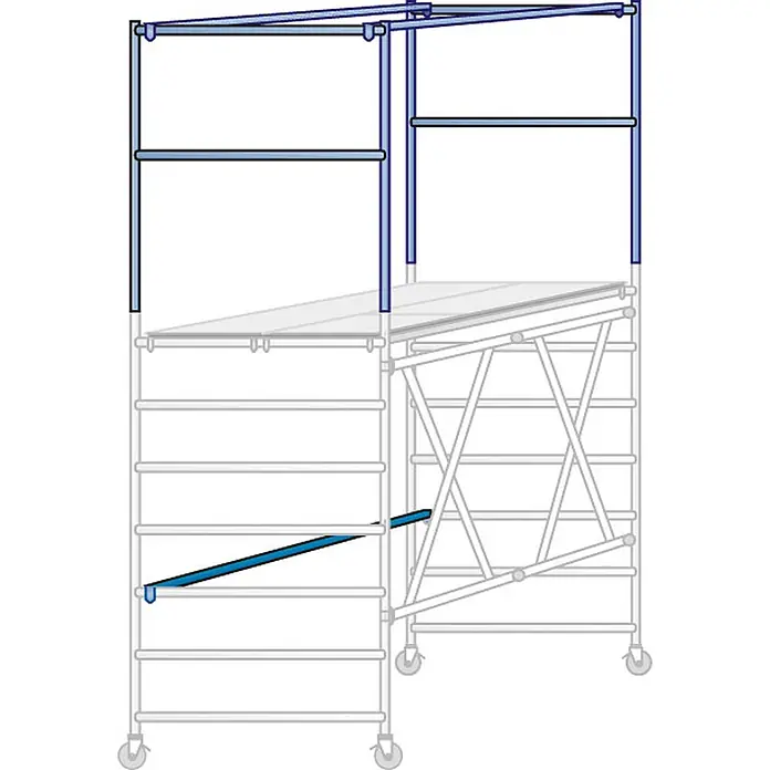 Iller Leiter Rollgerüst Professional Klappgerüst mit Ausbaueinheit 1,35x1,80 m | 3,50m AH - Arbeitshöhe: 3.500 m - Blaue Metall-Geländererweiterung und Diagonalstrebe für ein graues Rollgerüst.