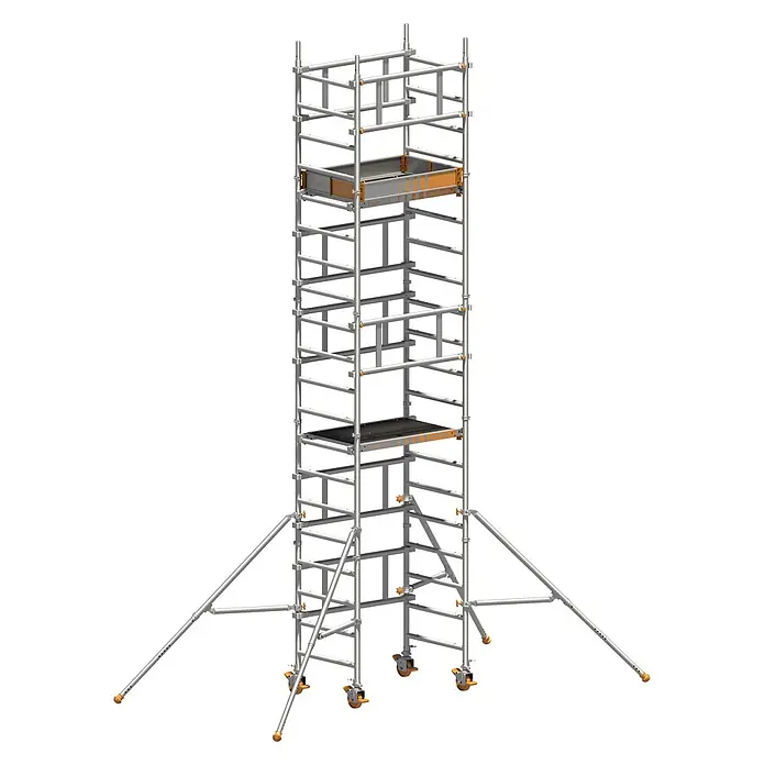 Layher Rollgerüst Rollgerüst SoloTower 6,15m Arbeitshöhe - Arbeitshöhe: 6.150 m - Hohes, silbernes Fahrgerüst mit orangefarbenen Plattformen, Auslegern und Rollen für Arbeiten in der Höhe.