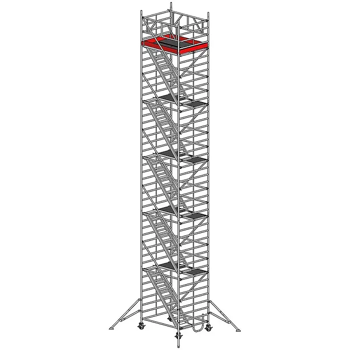 Euroline Rollgerüst Gerüst 9523 mit Auslegern 1,50x1,80m und Treppenaufgang 12,35m AH - Arbeitshöhe: 12.350 m - Hoher modularer Metallgerüstturm mit Treppen, Plattformen und roter oberer Plattform, auf Rollen und Auslegern.