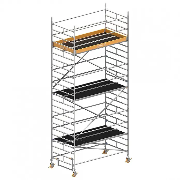 Layher Rollgerüst Rollgerüst Uni Breit P2 7,20m AH - Arbeitshöhe: 7.200 m - Fahrbares Rollgerüst aus silbernem Aluminium mit schwarzen Plattformen und orangefarbenen Akzenten.