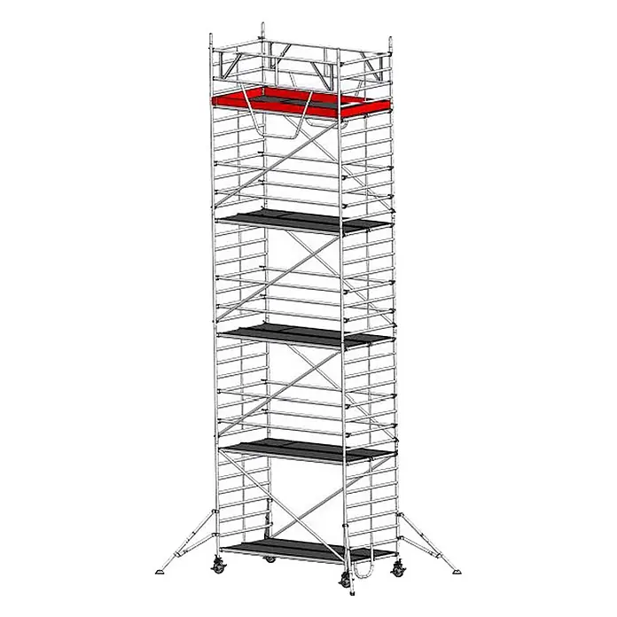 Euroline Rollgerüst Gerüst 9517 mit Sicherheitsaufbau und Auslegern 10,35m AH - Arbeitshöhe: 10.350 m - Hohes, mehrstufiges mobiles Aluminium-Gerüst mit grauen Plattformen, einer roten oberen Plattform, Rollen und Stabilisierungsstützen.