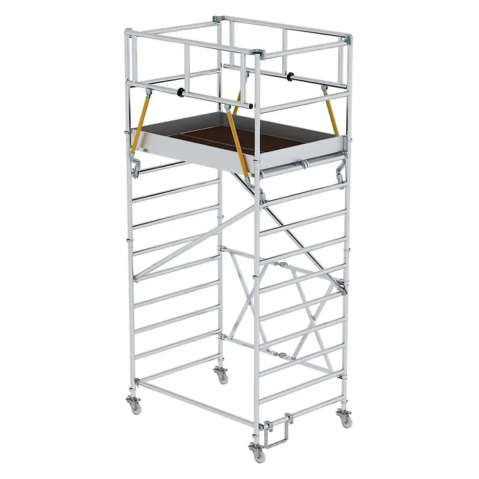 MUNK Klappgerüst SG 1,35x2,45m mit Sicherheitsgeländer 5,20m AH -  - Mobiles Aluminium-Rollgerüst mit brauner Holzplattform, Geländer und Rädern.