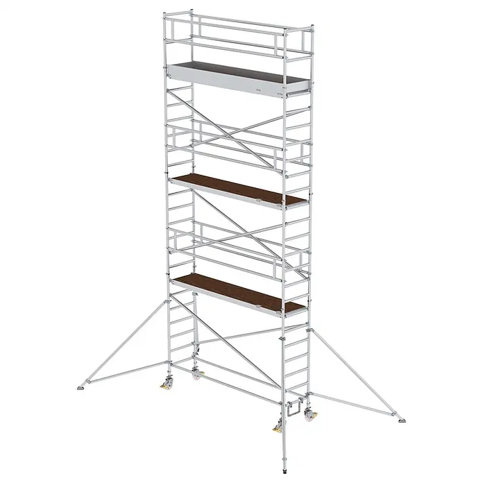 Munk Rollgerüst Aluminium-Rollgerüst mit Ausleger 3,00x0,75m Plattform 8,43m AH - Arbeitshöhe: 8.350 m - Silberfarbenes Rollgerüst mit Holzplattformen, einer oberen Metallablage und Auslegern zur Stabilisierung.