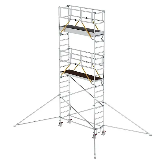 Munk Rollgerüst Rollgerüst SG mit Ausleger 0,75x2,45m Plattform 7,59m AH - Arbeitshöhe: 7.590 m - Mobiles Aluminium-Rollgerüst mit zwei Plattformen, Geländern und Auslegern.