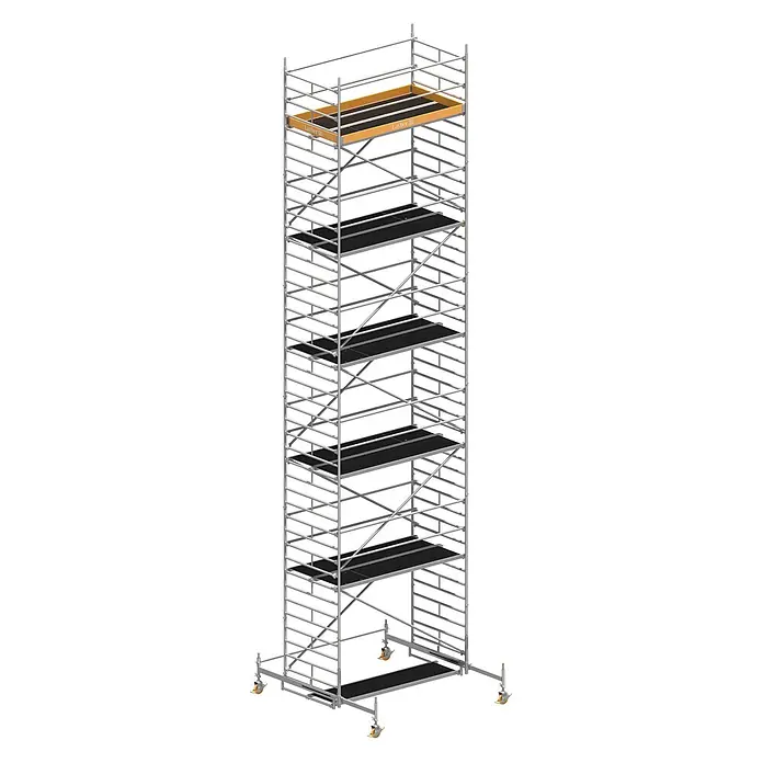 Layher Rollgerüst Rollgerüst Uni Breit P2 12,38m AH - Arbeitshöhe: 12.380 m - Mehrstufiges Fahrgerüst mit silbergrauem Metallrahmen, schwarzen Arbeitsbühnen und einer oben orange gerahmten Plattform, auf Rollen.