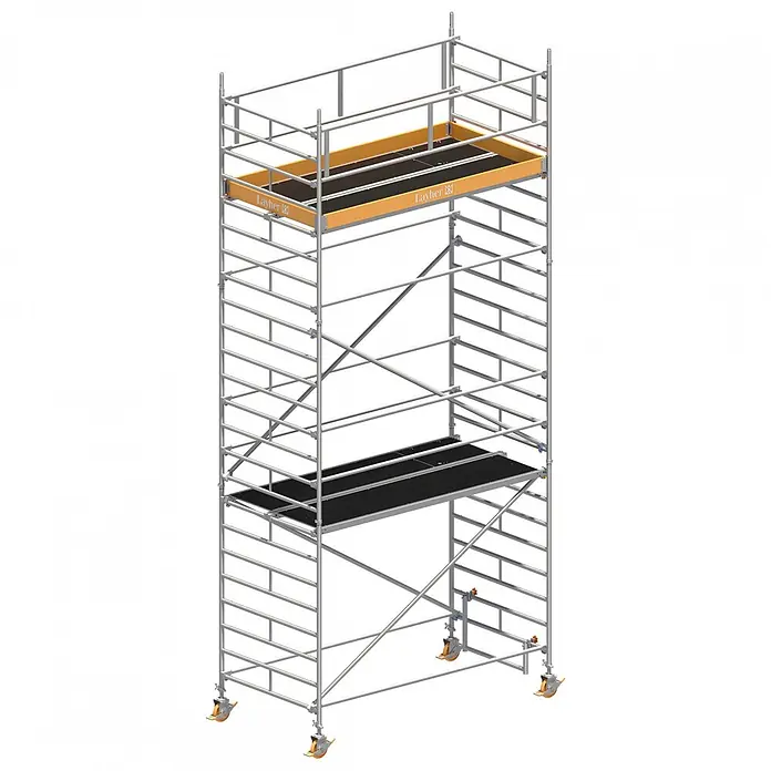 Layher Rollgerüst Rollgerüst Uni Breit 7,20m AH - Arbeitshöhe: 7.200 m - Hohes, silbernes Rollgerüst aus Metall mit zwei schwarzen Arbeitsplattformen und orangefarbenen Sicherheitsakzenten, auf Rädern.