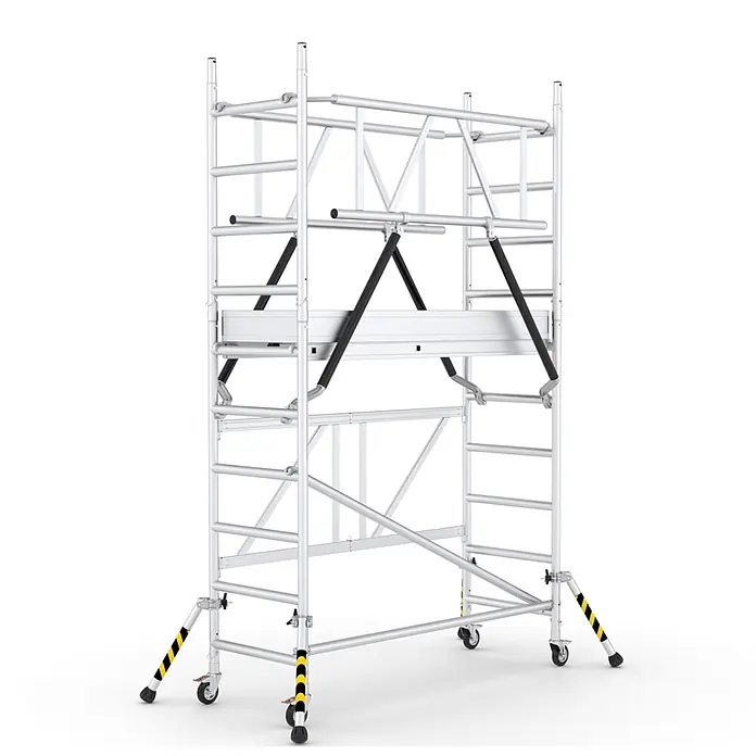 ABS Rollgerüst Klapp-Roll-Arbeitsbühne mit 3,86m Arbeitshöhe - Arbeitshöhe: 3.860 m, Belastbarkeit Plattform: 200 kg - Mobiler Alu-Rollgerüstturm mit Sicherheitsmarkierungen, Diagonalstreben und Lenkrollen.