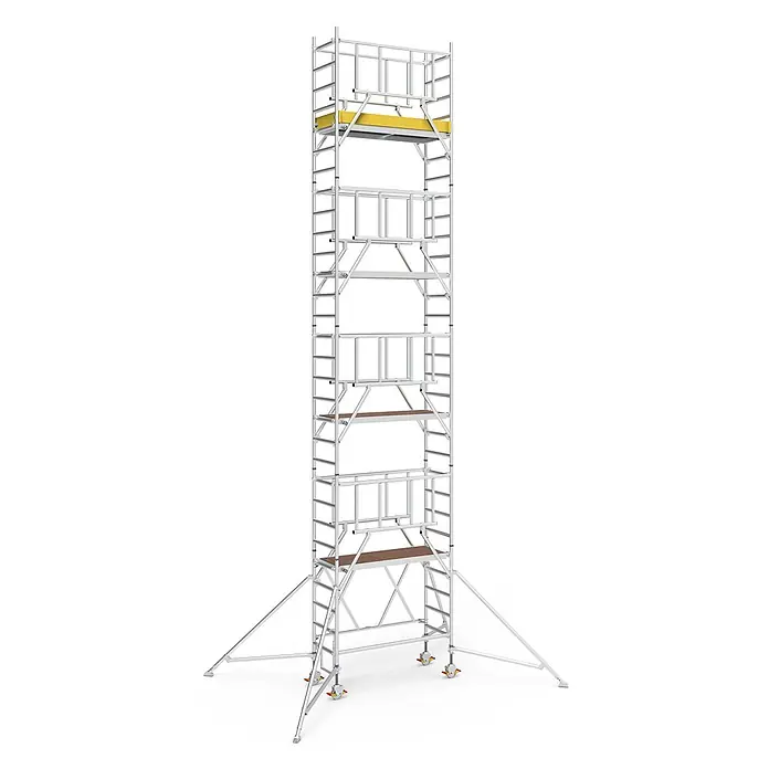 Iller Leiter Rollgerüst Klappgerüste mit Sicherheitsaufbau 0,75x1,80m | 9,60 m AH - Arbeitshöhe: 9.600 m - Hohes, silberfarbenes modulares Fahrgerüst mit gelben und braunen Plattformen, Rädern und Stützfüßen.