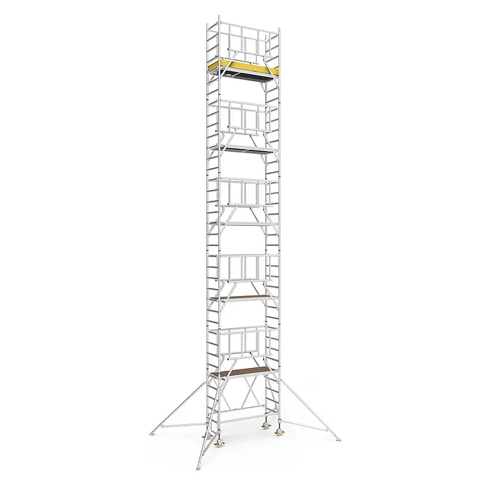 Iller Leiter Rollgerüst Klappgerüste mit Sicherheitsaufbau 1,35x1,80m | 11,60 m AH - Arbeitshöhe: 10.450 m - Hohes, mobiles Aluminium-Rollgerüst mit mehreren Arbeitsplattformen und Auslegern zur Stabilisierung.