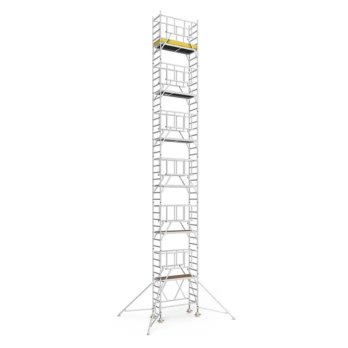 Iller Leiter Rollgerüst Klappgerüste mit Sicherheitsaufbau 1,35x1,80m | 13,55 m AH - Arbeitshöhe: 13.550 m - Hohes fahrbares Aluminiumgerüst mit mehreren Plattformen, Auslegern und Rollen.