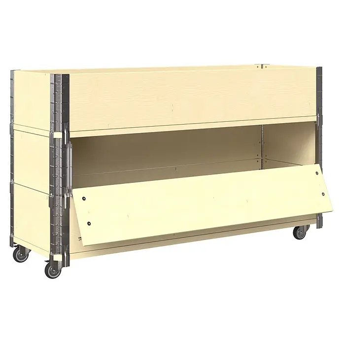 Upyard Kräuterkasten Advanced - 120 x 40 x 68 cm, Stahl, Natur - Rollbarer Lagerbehälter aus hellem Holz mit Metallscharnieren und geöffneter Seitenwand.