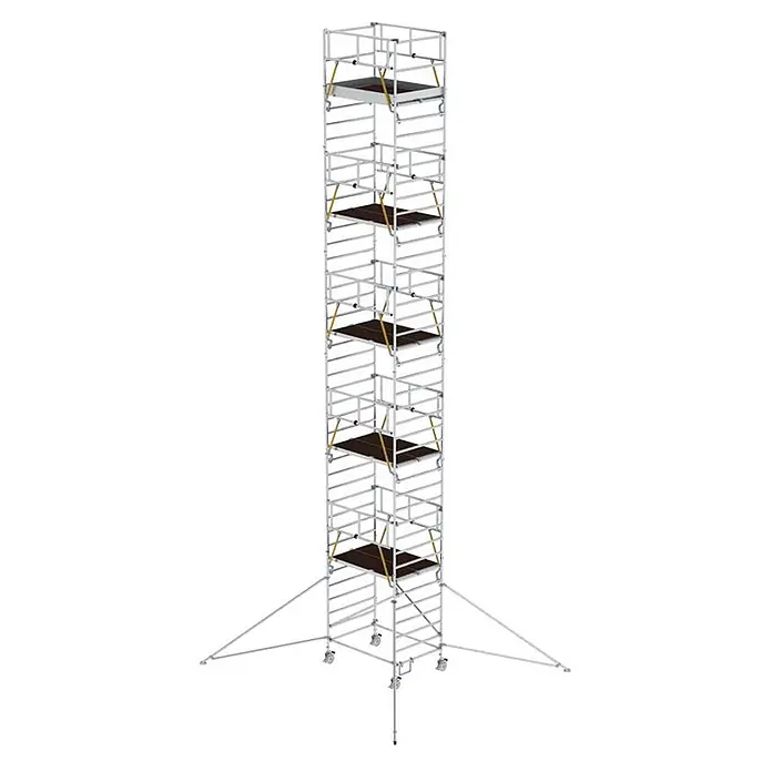 Munk Rollgerüst Rollgerüst SG mit Doppelplattform 1,35x1,80m und Ausleger 13,47m AH - Arbeitshöhe: 13.470 m - Hoher, silberner Fahrgerüstturm mit mehreren dunkelbraunen Arbeitsplattformen, Rollen und Auslegern.