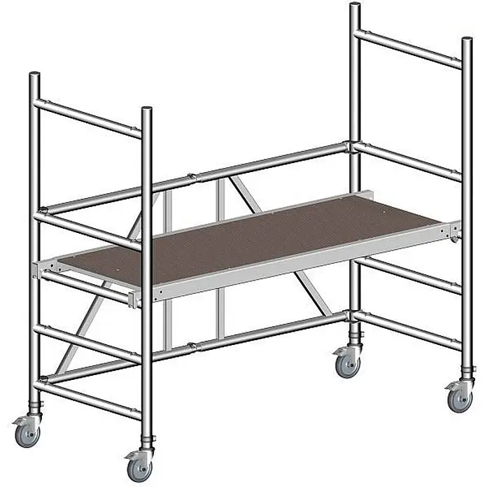 Layher Rollgerüst Zimmergerüst Classic Ready 2,85m AH - Arbeitshöhe: 2.850 m - Fahrbares Gerüst mit silbernem Metallrahmen und brauner Plattform auf Rollen.