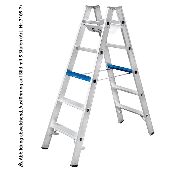 Iller Leiter Doppel-Stehleiter Stufensteh Alu Ergo Plus mit 2x7 Stufen 3,33m AH - Anzahl Tritte: 7 Stk., Arbeitshöhe: 3.330 m, Aluminium - Silberne Aluminium-Stehleiter mit blauen Akzenten.