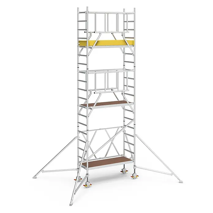 Iller Leiter Rollgerüst Klappgerüste mit Sicherheitsaufbau 1,35x1,80m | 6,55 m AH - Arbeitshöhe: 6.550 m - Mobiler Aluminium-Gerüstturm mit mehreren Plattformen, darunter eine gelbe, auf Rädern mit Auslegern.