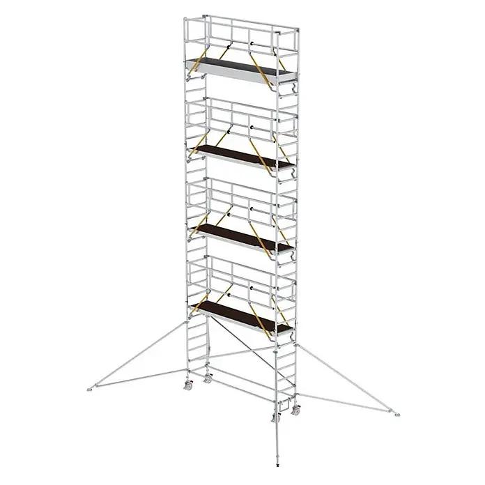 Munk Rollgerüst Rollgerüst SG mit Ausleger 0,75x3,00m Plattform 10,39m AH - Arbeitshöhe: 10.390 m - Hohes, mobiles Aluminium-Rollgerüst mit mehreren dunklen Plattformen, gelben Sicherheitsgurten, Rollen und Auslegern.