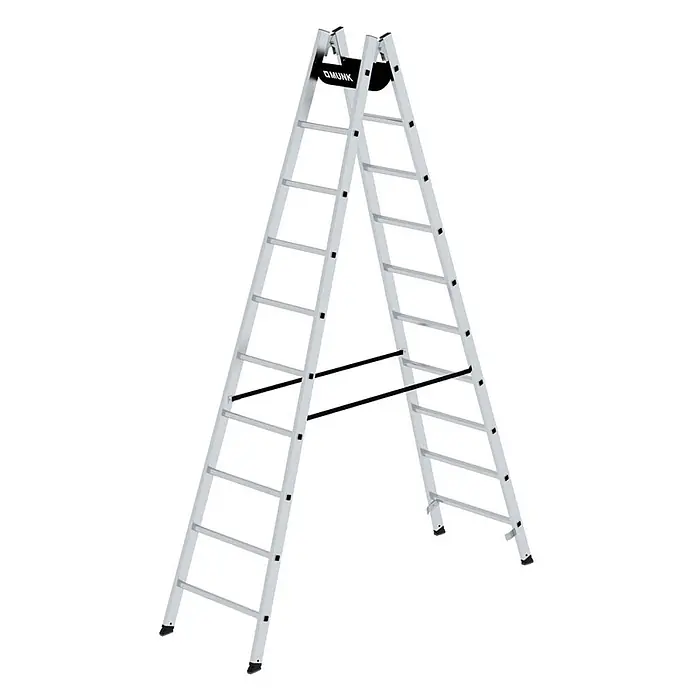 Munk Doppel-Stehleiter Sprossenstehleiter 2x10 Sprossen - Anzahl Tritte: 10 Stk., Arbeitshöhe: 4.200 m, Aluminium - Silberne Aluminium-Doppelleiter mit schwarzen Spreizsicherungen und Füßen.