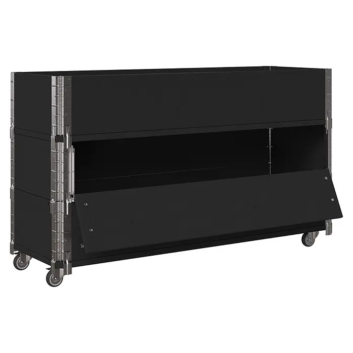 Upyard Kräuterkasten Advanced - 120 x 40 x 68 cm, Stahl, Schwarz - Schwarzer tragbarer Holzschrank auf Rollen mit Metallbeschlägen, offener Frontklappe und Innenregal.
