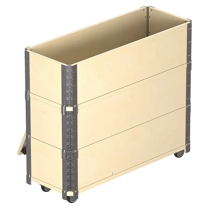 Upyard Kräuterkasten Advanced - 80 x 30 x 68 cm, Stahl, Natur - Helle Transportkiste aus Holz mit grauen Metallscharnieren und Rollen.