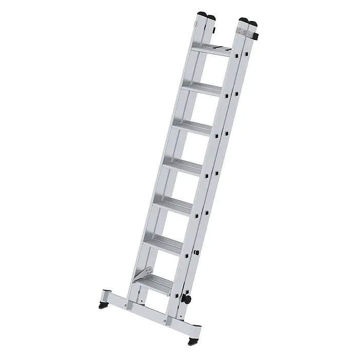 Munk Schiebeleiter Stufen-Schiebeleiter mit nivello-Traverse 2-teilig 2x7 Stufen - Anzahl Tritte: 7 Stk., Arbeitshöhe: 3.850 m, Aluminium - Silberne Aluminium-Mehrzweckleiter mit breiter Stabilisatorbasis und schwarzen Füßen.