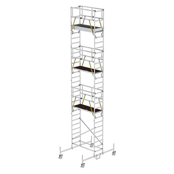 MUNK Rollgerüst SG 0,75x1,80m Plattform 9,74m AH -  - Hohes, mobiles Aluminium-Rollgerüst mit mehreren Plattformen, Geländern und stabilisierenden Auslegern auf Rollen.