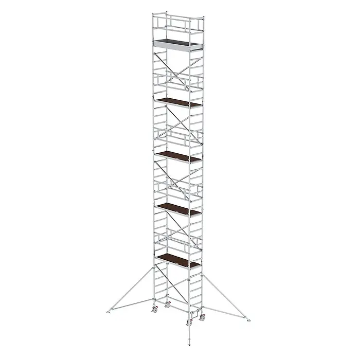 Munk Rollgerüst Rollgerüst SG mit Ausleger 0,75x1,80m Plattform 12,35m AH - Arbeitshöhe: 12.350 m - Hohes, mobiles Aluminium-Rollgerüst mit dunklen Holzplattformen, Auslegern und Rollen für Stabilität und Mobilität.