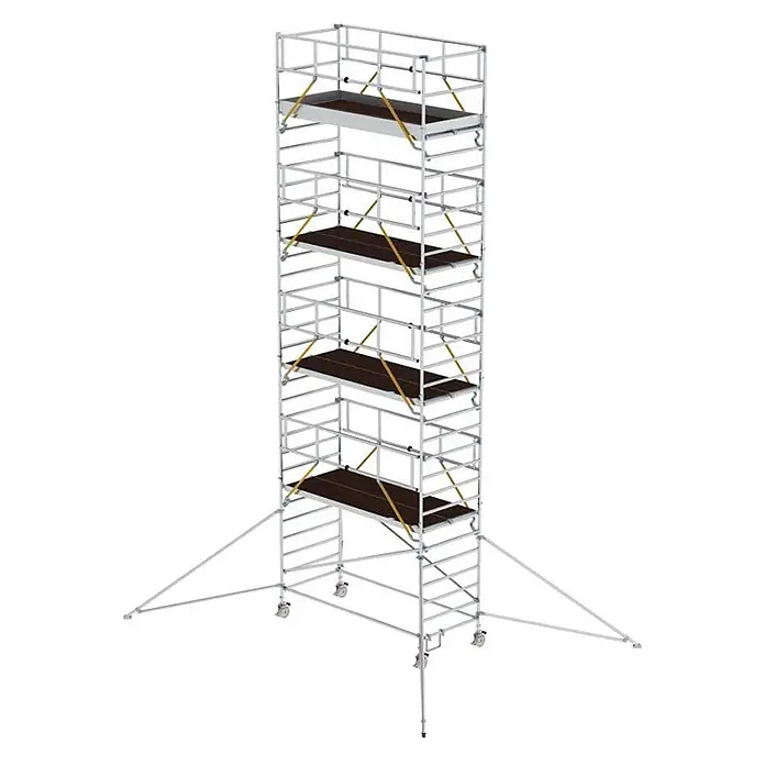 MUNK Rollgerüst SG mit Doppelplattform 1,35x3,00m und Ausleger 10,39m AH -  - Mehrstufiger, fahrbarer Gerüstturm aus silbernem Metall mit braunen Plattformen und Auslegern.