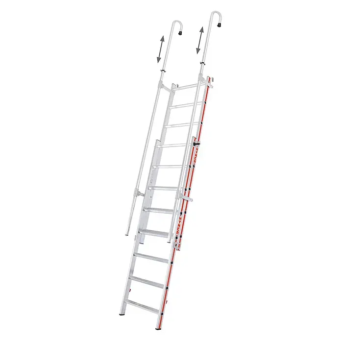Hymer Schiebeleiter Einhängeleiter Schiebeleiter Regaleinhängeleiter 2x8 Sprossen - Arbeitshöhe: 4.950 m, Aluminium - Silberne Aluminium-Dachleiter mit verstellbaren Haken und roten Seitenstreifen.