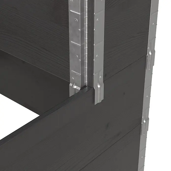 Upyard Hochbeet 3 Ebenen - 120 x 80 x 58,5 cm, Holz, Schwarz, Fassungsvermögen: 302,4 l - Eckverbindung aus dunkelgrauem Holzregal mit silberner Metallhalterung und Scharnier.