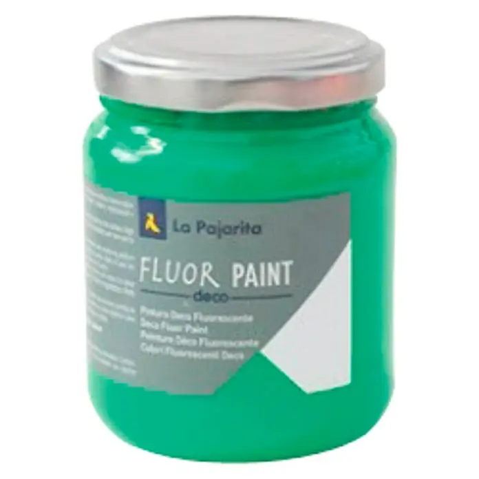 La Pajarita Pintura Fluor Paint - Green, 175 ml - Un tarro de pintura fluor Deco de La Pajarita en verde brillante con tapa plateada, ideal para proyectos creativos y decoraciones DIY.
