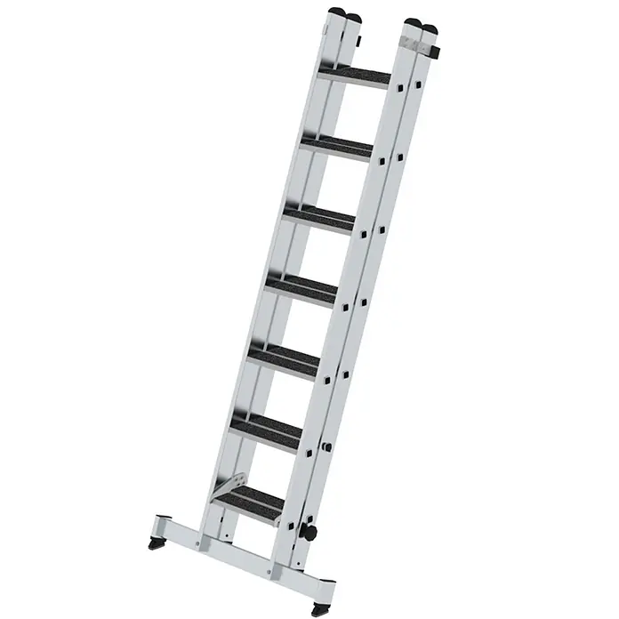 Munk Schiebeleiter Stufen-Schiebeleiter mit nivello-Traverse 2-teilig clip-step R13 2x7 Stufen - Anzahl Tritte: 7 Stk., Arbeitshöhe: 3.850 m, Aluminium - Silberfarbene Aluminium-Mehrzweckleiter mit schwarzen rutschfesten Tritten und verstellbarer Basis für Stabilität.