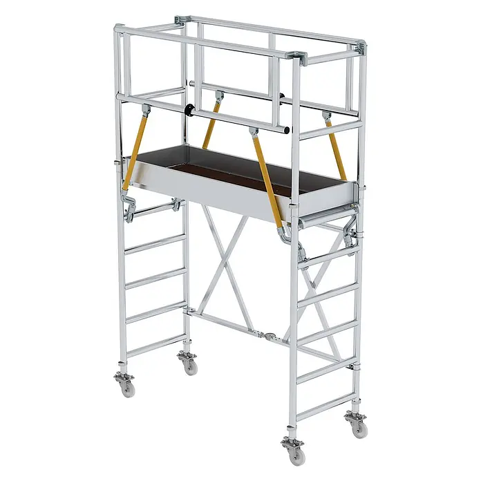 Munk Klappgerüst Klappgerüst SG 0,75x1,80m mit Sicherheitsgeländer 4,08m AH - Arbeitshöhe: 4.080 m - Mobiles Aluminium-Arbeitsgerüst mit zentraler Materialwanne, Leitern und Rollen.