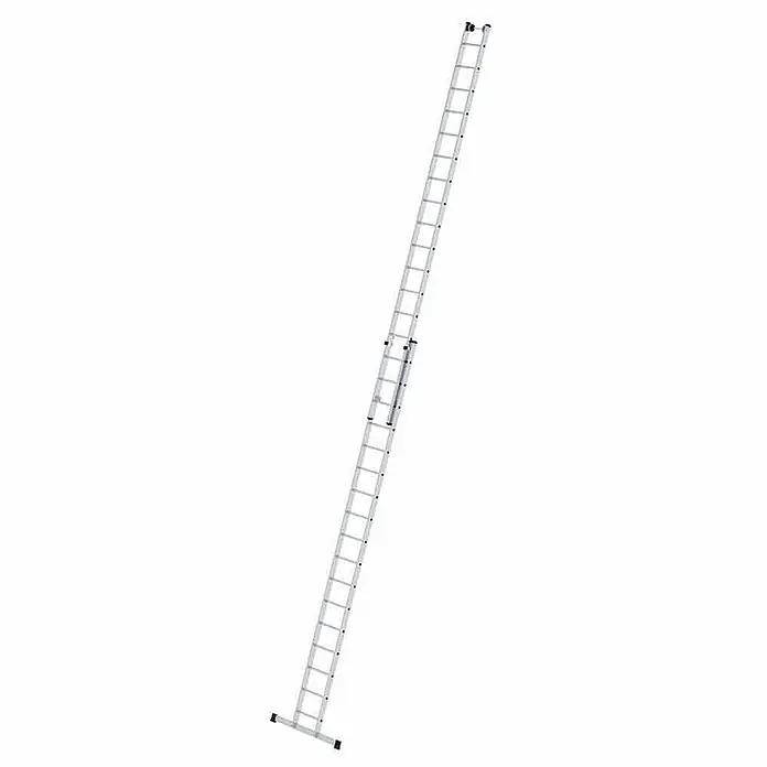 Munk Schiebeleiter Schiebeleiter mit Traverse 2x17 Sprossen - Anzahl Tritte: 17 Stk., Arbeitshöhe: 10.000 m, Aluminium - Silberne Aluminium-Ausziehleiter.