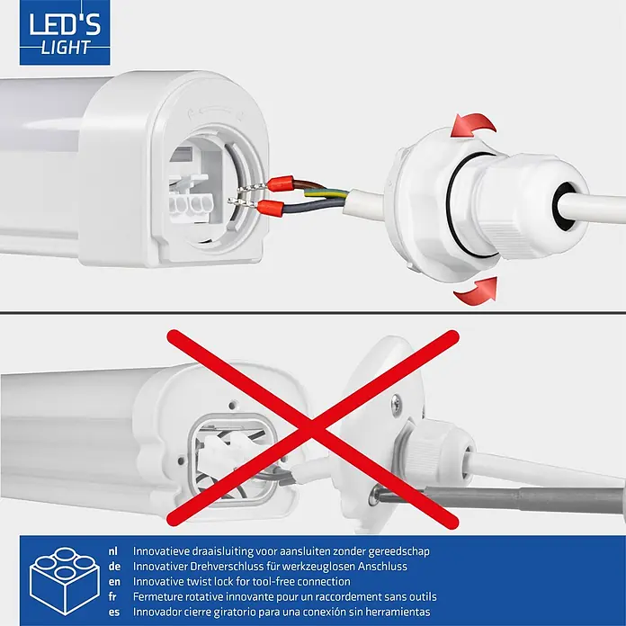 LED's work LED-Feuchtraumlichtleiste - L x B x H: 120 x 4,3 x 6 cm, Lichtfarbe: Neutralweiß, 36 W, IP65, Lichtstrom: 4.320 lm - Weißer LED-Leuchten-Endkappe zeigt innovativen werkzeuglosen Drehverschluss.