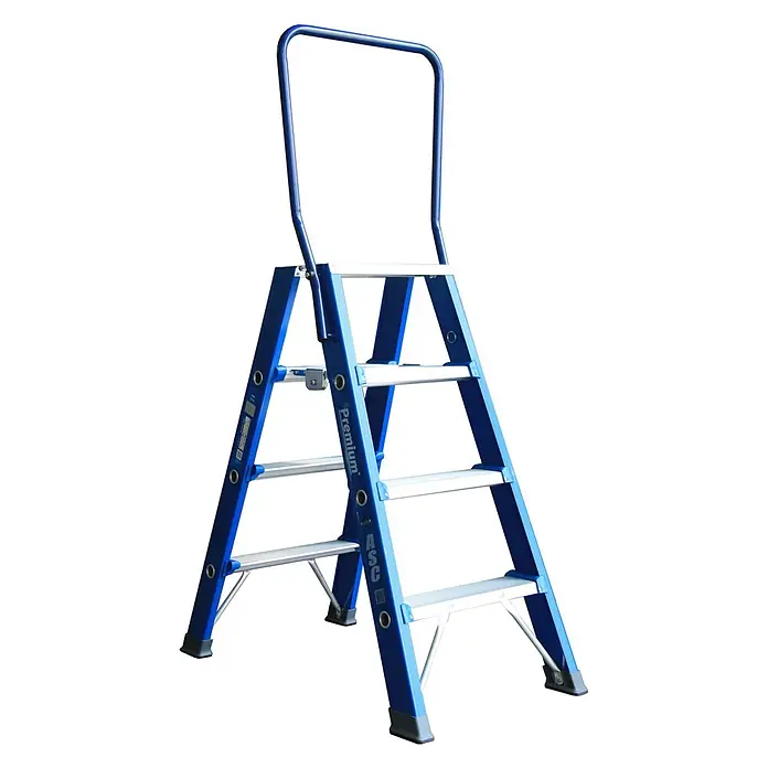 ASC Doppel-Stehleiter Premium- Stufenstehleiter DT-4 2x4 Stufen mit 3,01m Arbeitshöhe - Anzahl Tritte: 4 Stk., Arbeitshöhe: 3.010 m, Aluminium - Blauer Aluminium-Klappleiter mit 4 silbernen Stufen und Sicherheitsgriff.