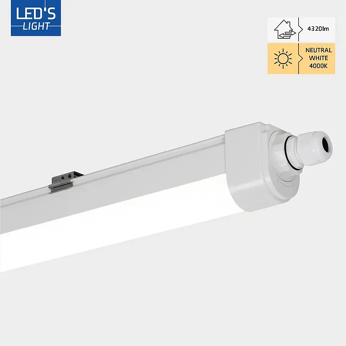 LED's work LED-Feuchtraumlichtleiste - L x B x H: 120 x 4,3 x 6 cm, Lichtfarbe: Neutralweiß, 36 W, IP65, Lichtstrom: 4.320 lm - Weiße lineare LED-Leuchte mit Montageklammern und Kabelverschraubung am Ende.
