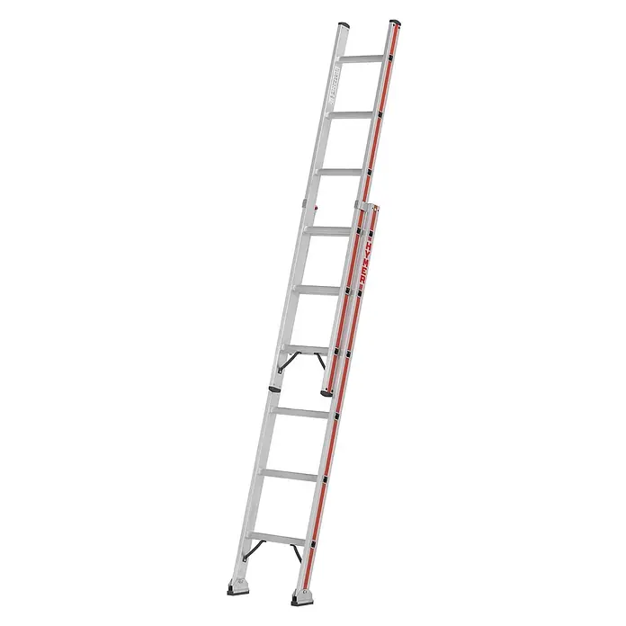 Hymer Schiebeleiter Schiebeleiter mit gebogener Traverse und Wandlaufrollen 2x16 Sprossen - Anzahl Tritte: 16 Stk., Arbeitshöhe: 9.050 m, Aluminium - Zweigeteilte Aluminium-Ausziehleiter mit roten Sicherheitsmarkierungen.