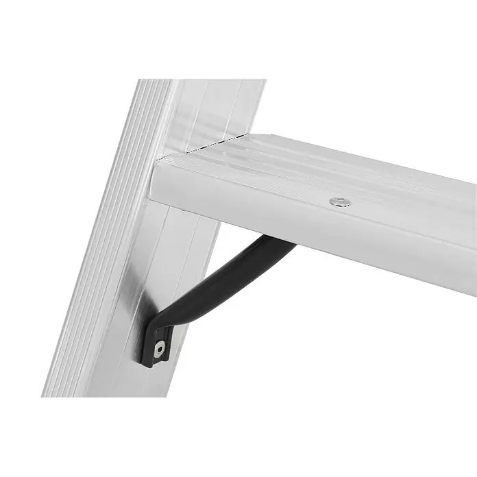 Hymer Stehleiter Stufenstehleiter mit Rollen 2x6 Stufen - Anzahl Tritte: 6 Stk., Arbeitshöhe: 2.920 m, Aluminium - Silberner Aluminium-Leiterstufe mit schwarzem Stützarm, der an der Seitenholmen befestigt ist.
