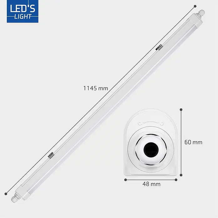 LED's work LED-Feuchtraumlichtleiste - L x B x H: 120 x 4,3 x 6 cm, Lichtfarbe: Neutralweiß, 36 W, IP65, Lichtstrom: 4.320 lm - Weißer linearer LED-Strahler, 1145 mm lang, mit Endkappenmaßen von 48x60 mm.