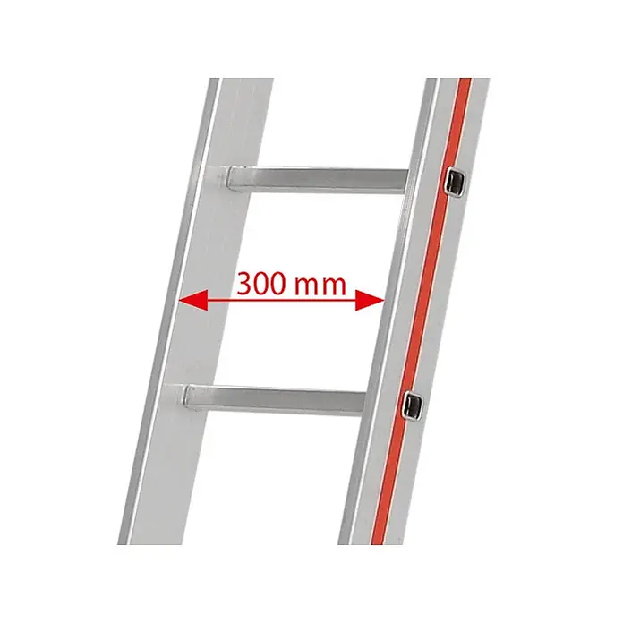 Hymer Schiebeleiter Schiebeleiter mit gebogener Traverse und Wandlaufrollen 2x16 Sprossen - Anzahl Tritte: 16 Stk., Arbeitshöhe: 9.050 m, Aluminium - Silberne Aluminiumleiter mit 300 mm Sprossenabstand.