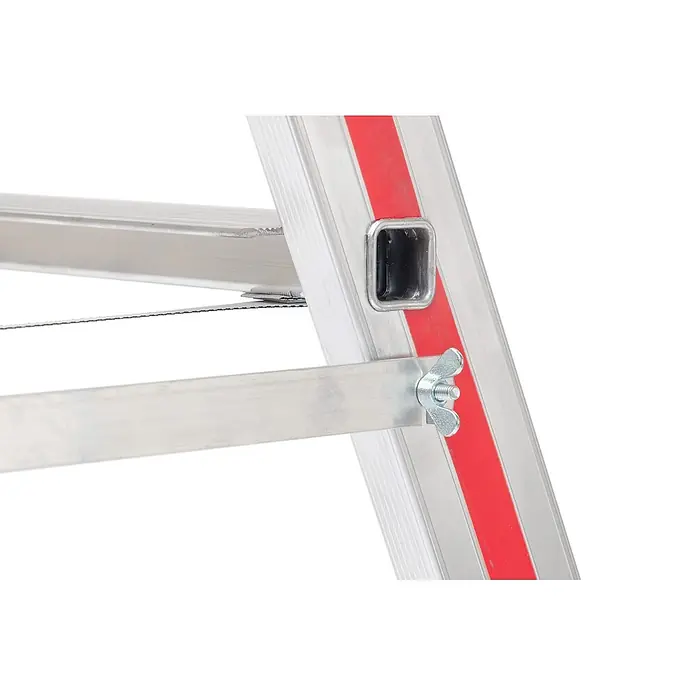Hymer Stehleiter Stufenstehleiter mit Rollen 2x6 Stufen - Anzahl Tritte: 6 Stk., Arbeitshöhe: 2.920 m, Aluminium - Aluminiumleiter-Abschnitt mit Metallsprosse, roten Streifen, Sicherungsgurt und Flügelmutter.