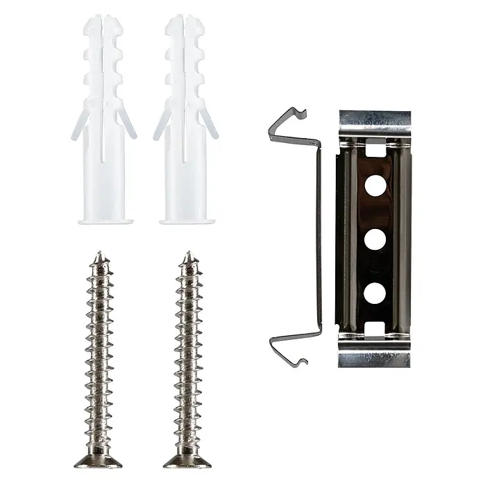 LED's work LED-Feuchtraumlichtleiste Sensor - Länge: 120 cm, 36 W, IP40 - Zwei weiße Kunststoffdübel, zwei Metallschrauben und zwei silberne Metallklammern zur Befestigung.