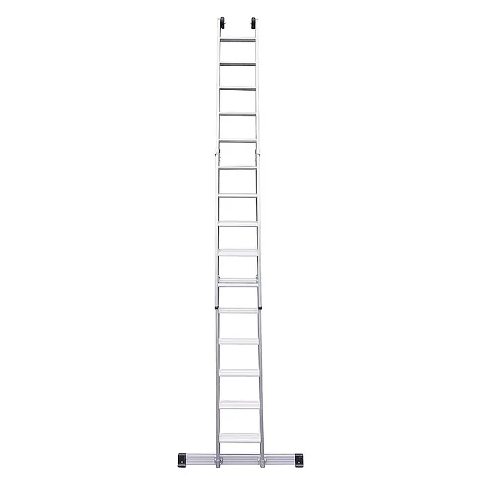 Euroline Schiebeleiter Premium 302 Stufen- Schiebeleiter 2x14 Sprossen - Anzahl Tritte: 14 Stk., Arbeitshöhe: 7.000 m, Aluminium - Ausziehbare Aluminiumleiter mit breiten Sprossen, oberen Rollen und einer stabilen Basis.
