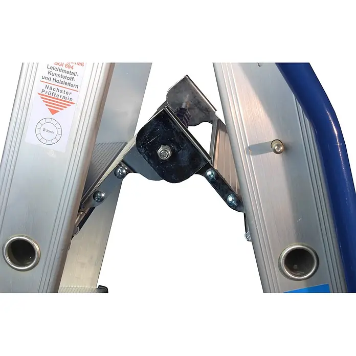 ASC Stehleiter Stufenstehleiter DT-9 doppelseitig 9 Stufen mit 4,27m Arbeitshöhe - Anzahl Tritte: 9 Stk., Arbeitshöhe: 4.270 m, Aluminium - Aluminiumleitergelenk mit schwarzem Mechanismus, blauem Holm und Prüftermin-Etikett.