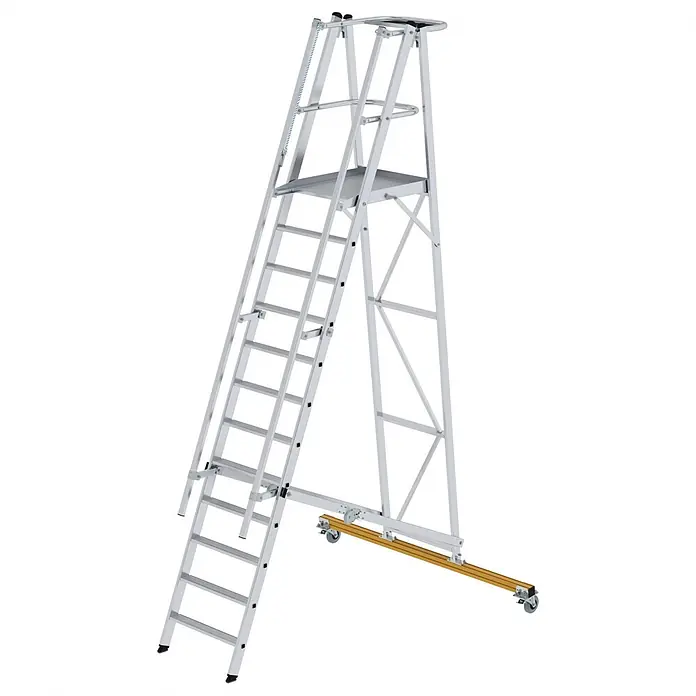 Munk Podestleiter Podestleiter klappbar 12 Stufen - Anzahl Tritte: 12 Stk., Arbeitshöhe: 4.800 m, Aluminium - Rollbare Arbeitsplattformleiter aus Aluminium mit Stufen, Geländer, Plattform und gelbem Fahrgestell mit Rollen.