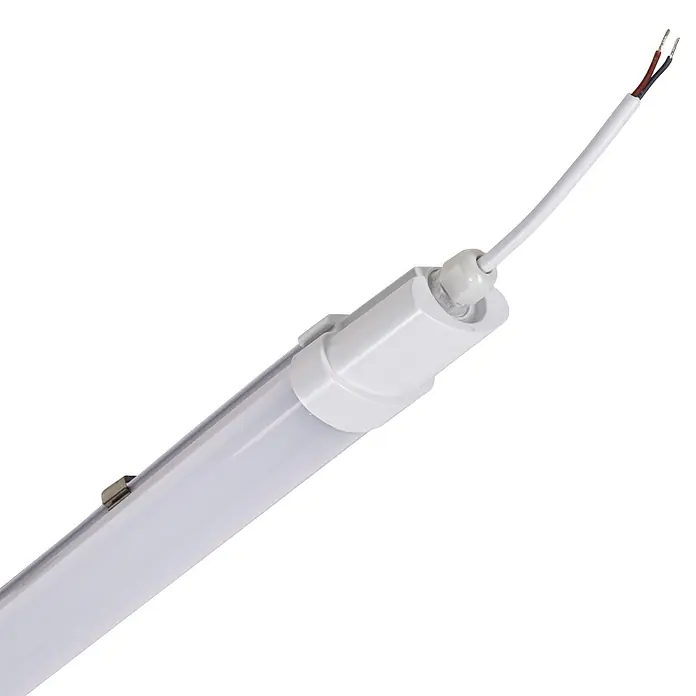 LED's work LED-Feuchtraumlichtleiste - L x B x H: 120 x 5,3 x 3,6 cm, Lichtfarbe: Neutralweiß, 18 W, IP65, Lichtstrom: 1.900 lm - Weiße LED-Röhrenleuchte mit freiliegenden rot-schwarzen Kabeln, bereit zur Installation.